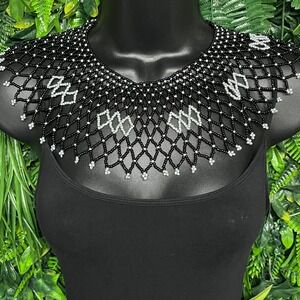 Black Silver Seed Bead Bib Collar Necklace Statement Geometric Tribal 3746